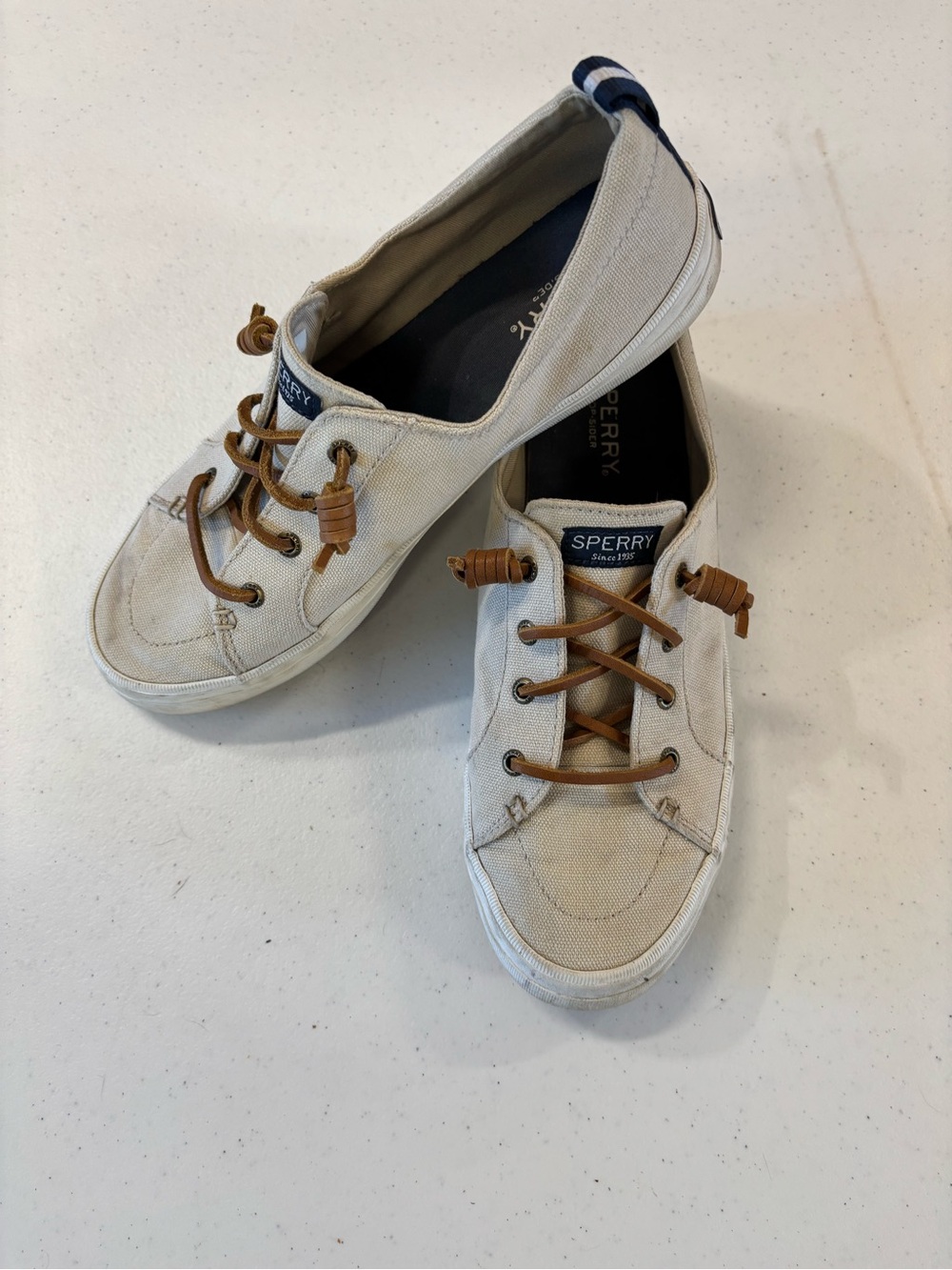 Sperry Men’s Cream Canvas Boat Shoes with Brown Laces